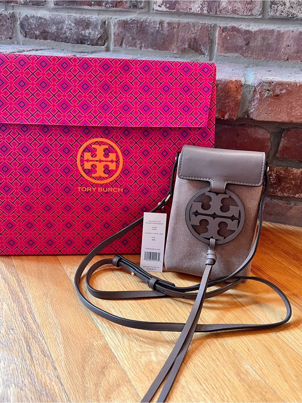 Tory Burch Classic Taupe Miller Suede Phone Crossbody Bag